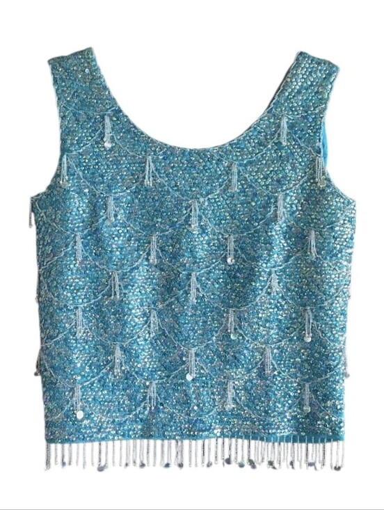 Vintage Tops - Vintage 70s Fairy Mermaid Turquoise Beaded Tassel Tank Top Size 36 Small?